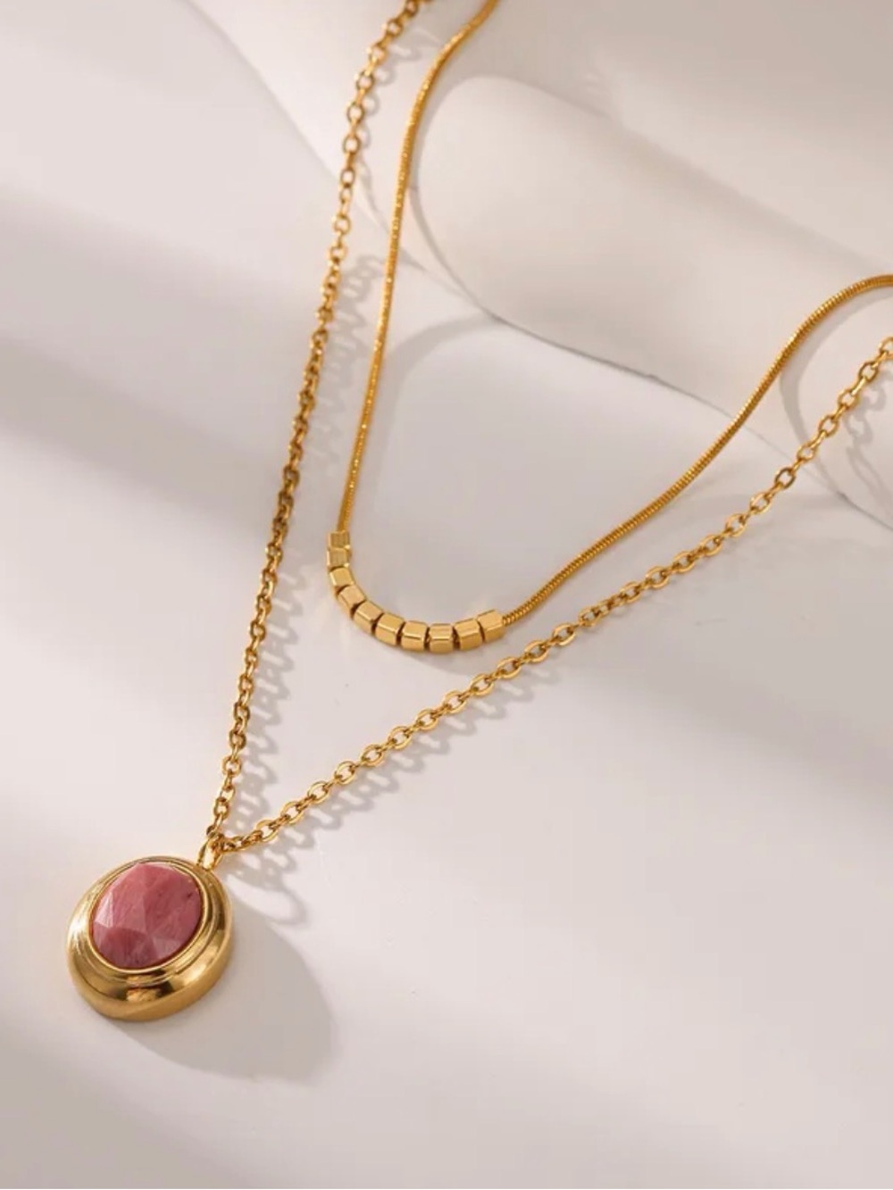 Layered Necklace with Pink Stone Pendant NWT Gold Plated PVD